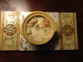 Seafood chowder on Wedgewood tile