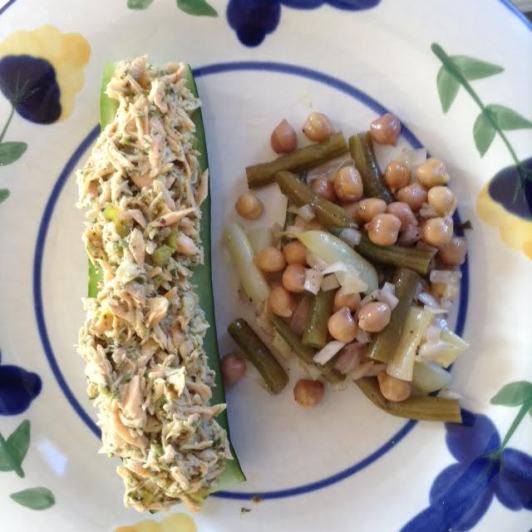 Cucumber Boat w: salmon and 3-bean salad